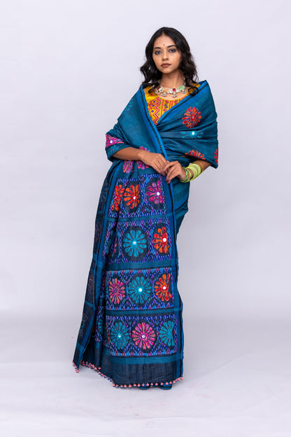 Handcrafted Blue Tussar Silk Saree – Artisanal Appliqué Elegance