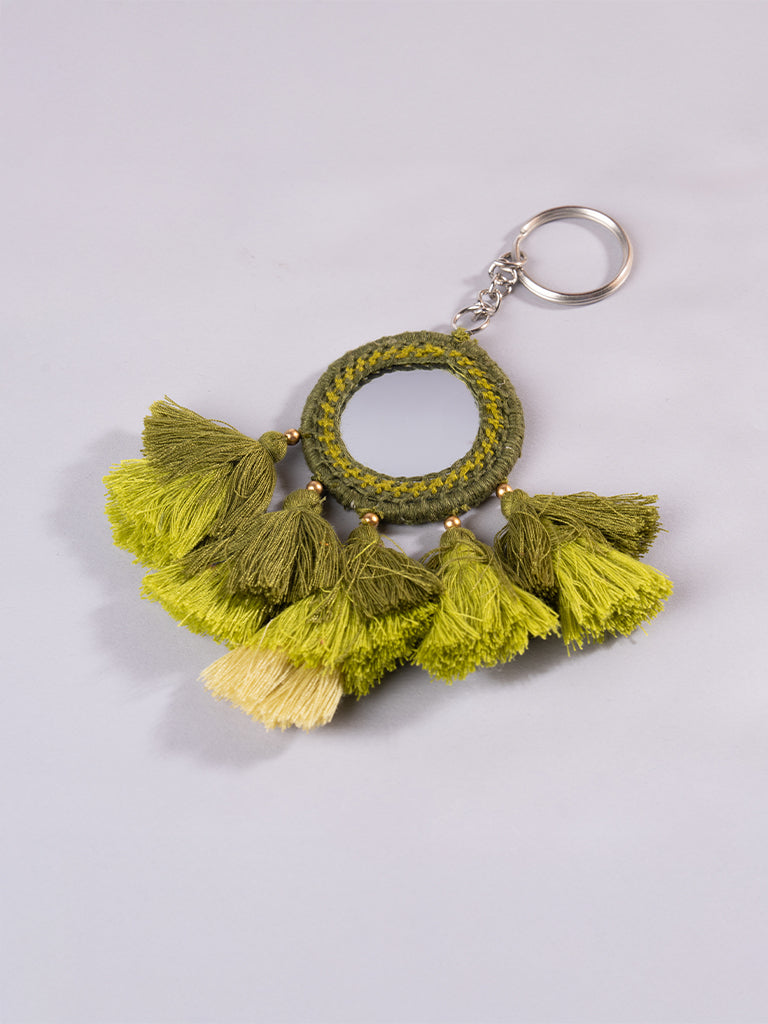Round Light Green Mirror and Light Green Tassels Keychain