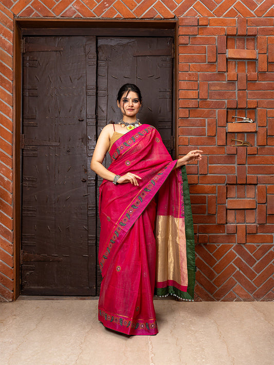 Carrot-Pink Hand Embroidered Saree