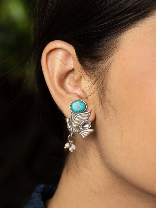 Bird Blue Stone Oxidised Earring