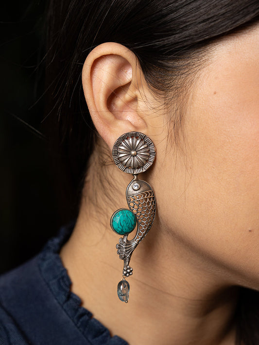 Fish Stone Oxidised Earring