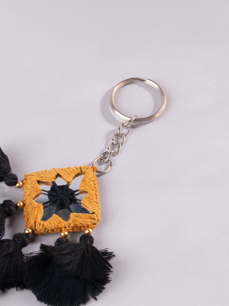 Square Musterd Mirror & Black Tassels Keychain