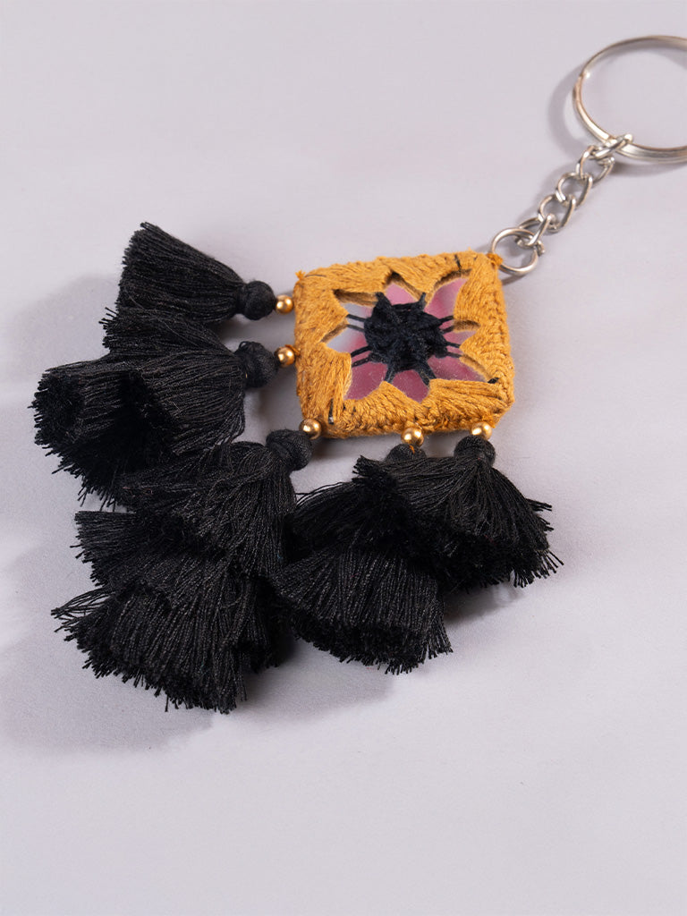 Square Musterd Mirror & Black Tassels Keychain