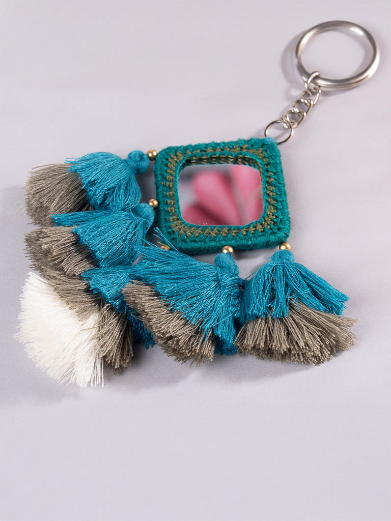 Square Mint Mirror and Sky Blue Tassels Keychain