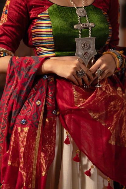 Red Chanderi Handwork Block Printed Dupatta