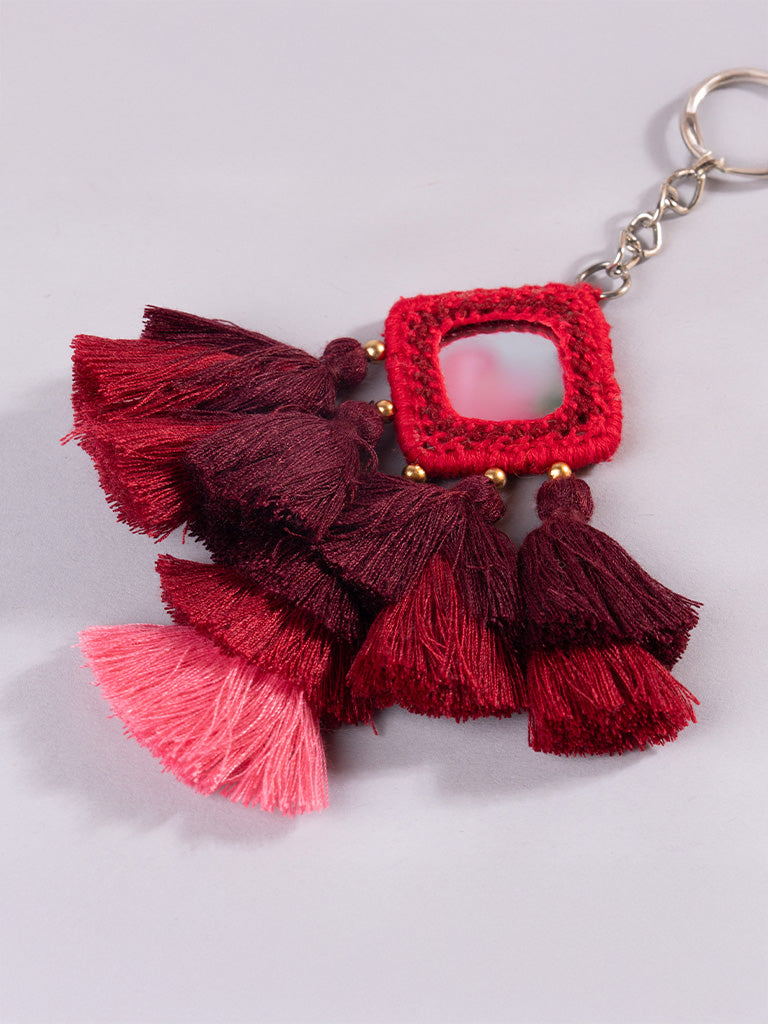 Square Red Mirror & Maroon Tassels Keychain