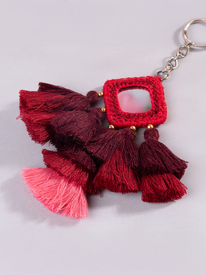 Square Red Mirror & Maroon Tassels Keychain