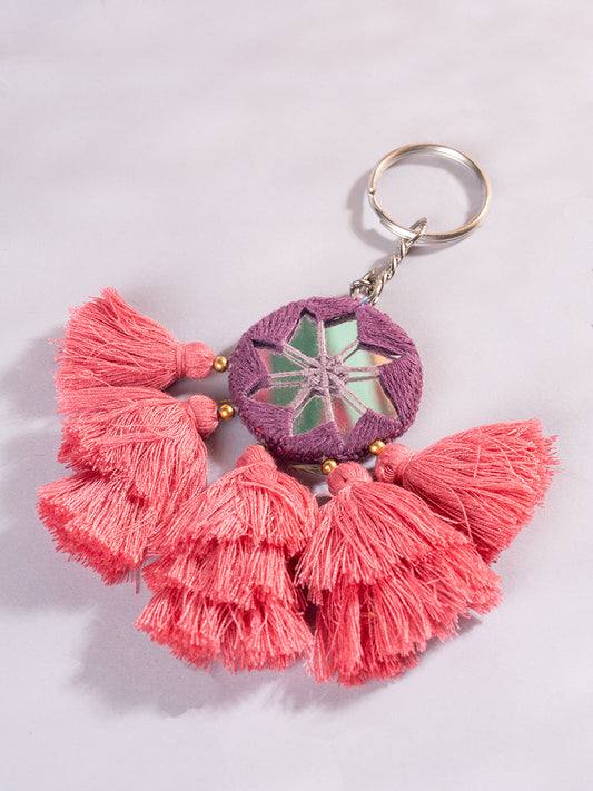 Round Purple Mirror & Peach Tassels Keychain