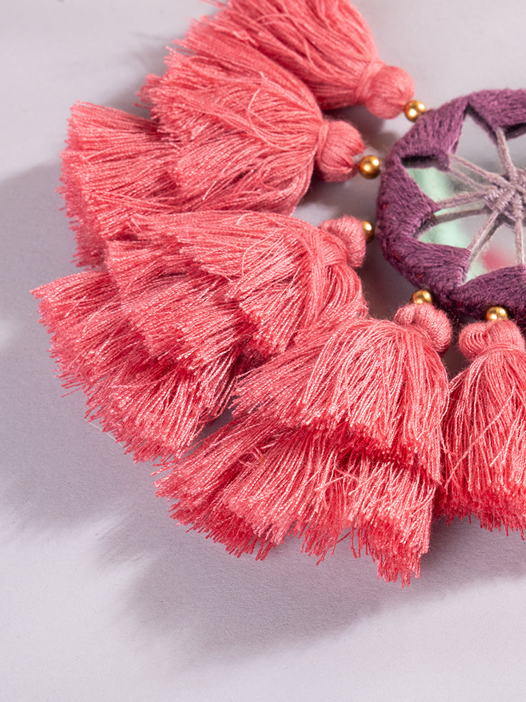 Round Purple Mirror & Peach Tassels Keychain