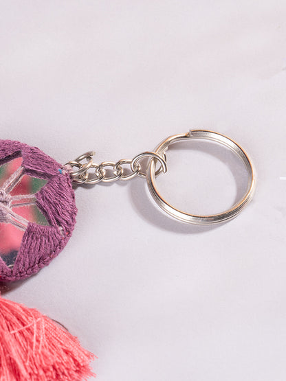 Round Purple Mirror & Peach Tassels Keychain