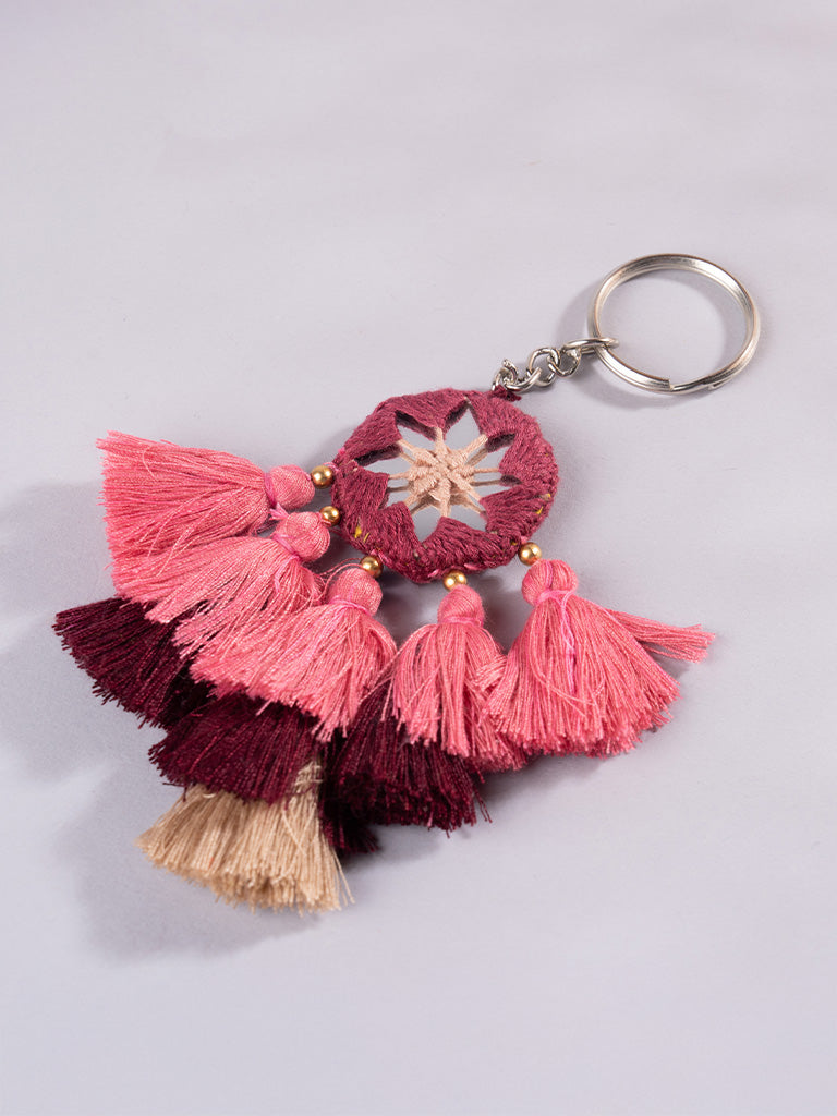 Square Maroon Mirror & Peach Tassels