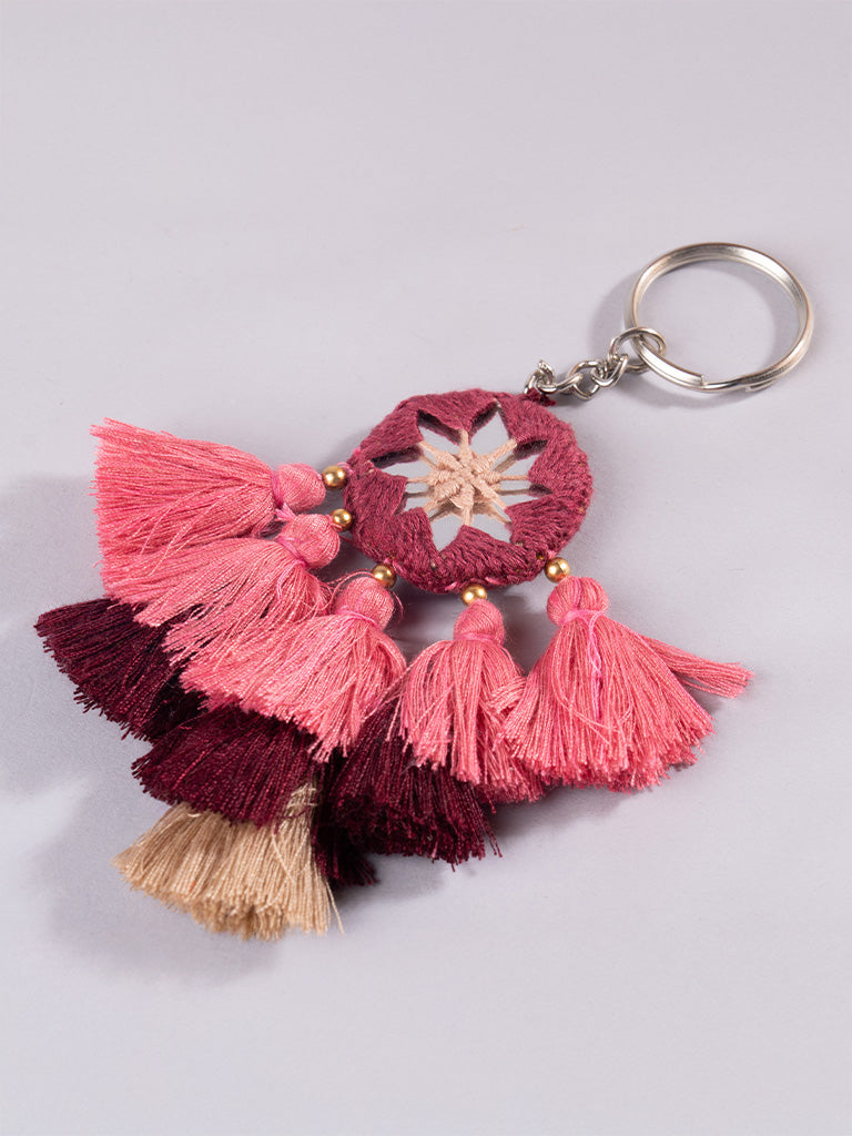Round Maroon Mirror & Peach Tassels Keychain