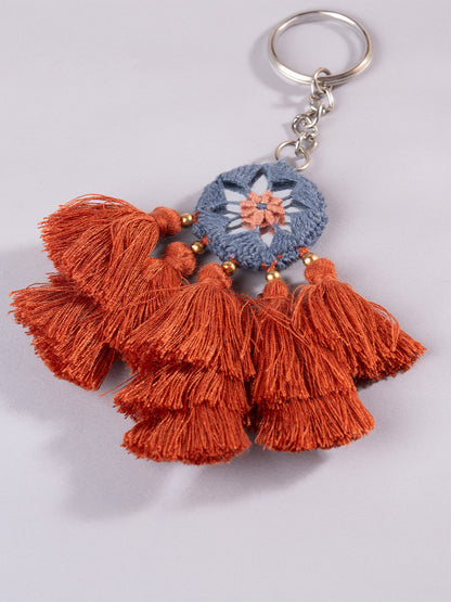 Round Gray Mirror and Rust Tassels Keychain