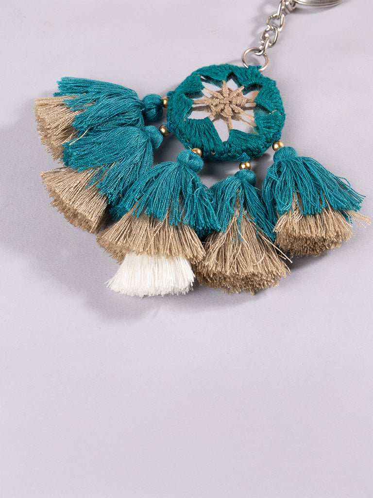 Round Mint Mirror and Sky Blue Tassels Keychain