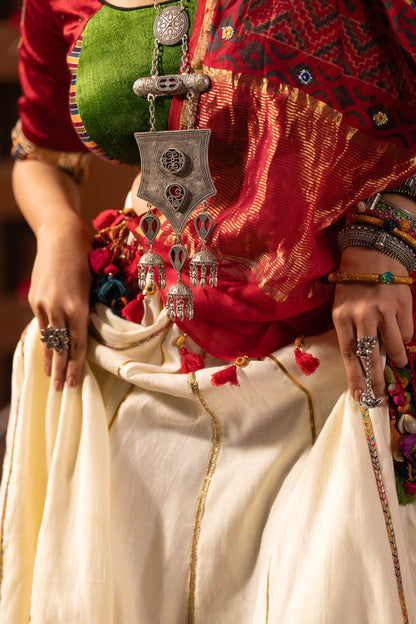 Fabulous Green Red Mashru Silk Embroidered Blouse