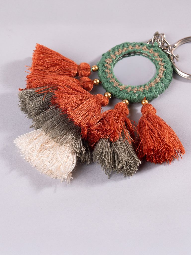 Round Green Mirror and Rust Tassels Keychain