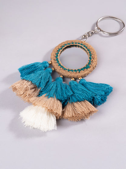 Round Ivory Mirror and Sky Blue Tassels Keychain