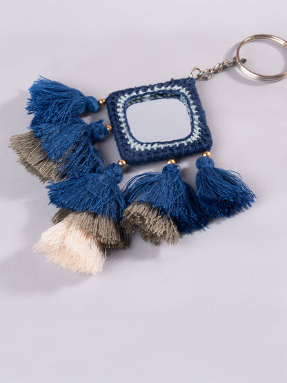 Square  Blue Mirror & Blue Tassels Keychain