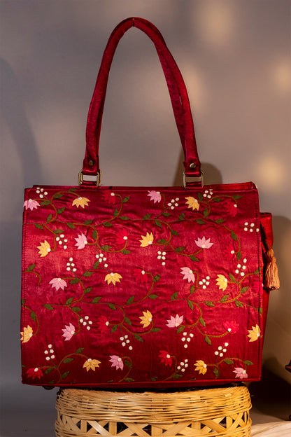 Floral Applique Marron Tote Bag