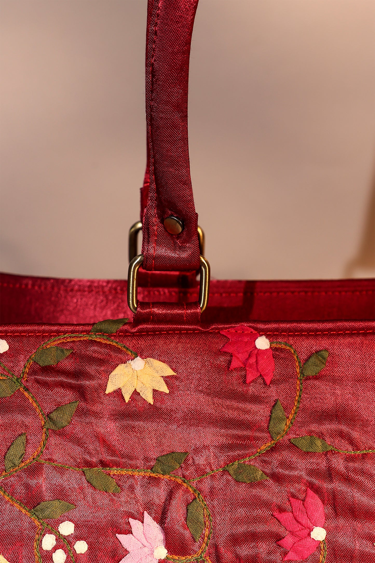 Floral Applique Marron Tote Bag
