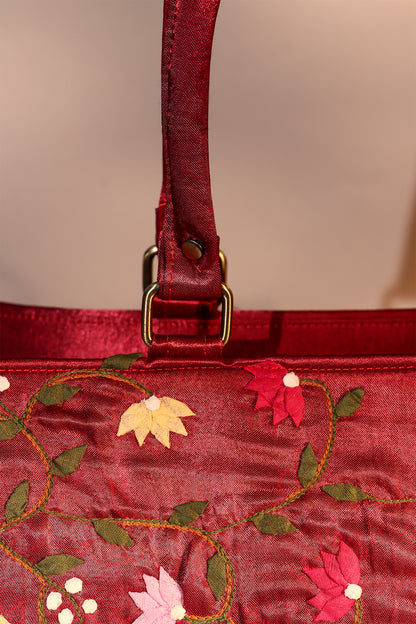 Floral Applique Marron Tote Bag