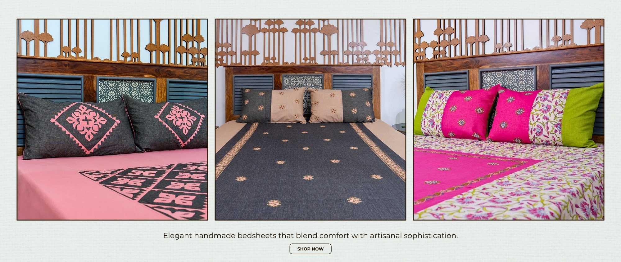 Three images of a bed with pink and black bedding, green and pink bedding, and colorful bedding with decorative pillows.
