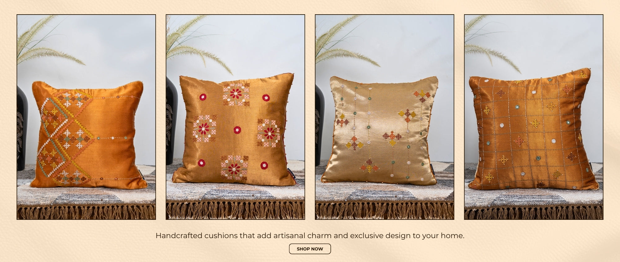 Four decorative pillows with floral patterns on a neutral background


