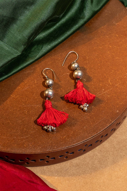 Red Oxidised Ball With Tassels Earring