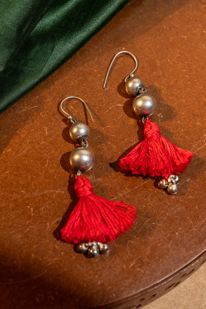 Red Oxidised Ball With Tassels Earring