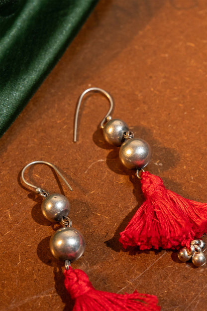 Red Oxidised Ball With Tassels Earring