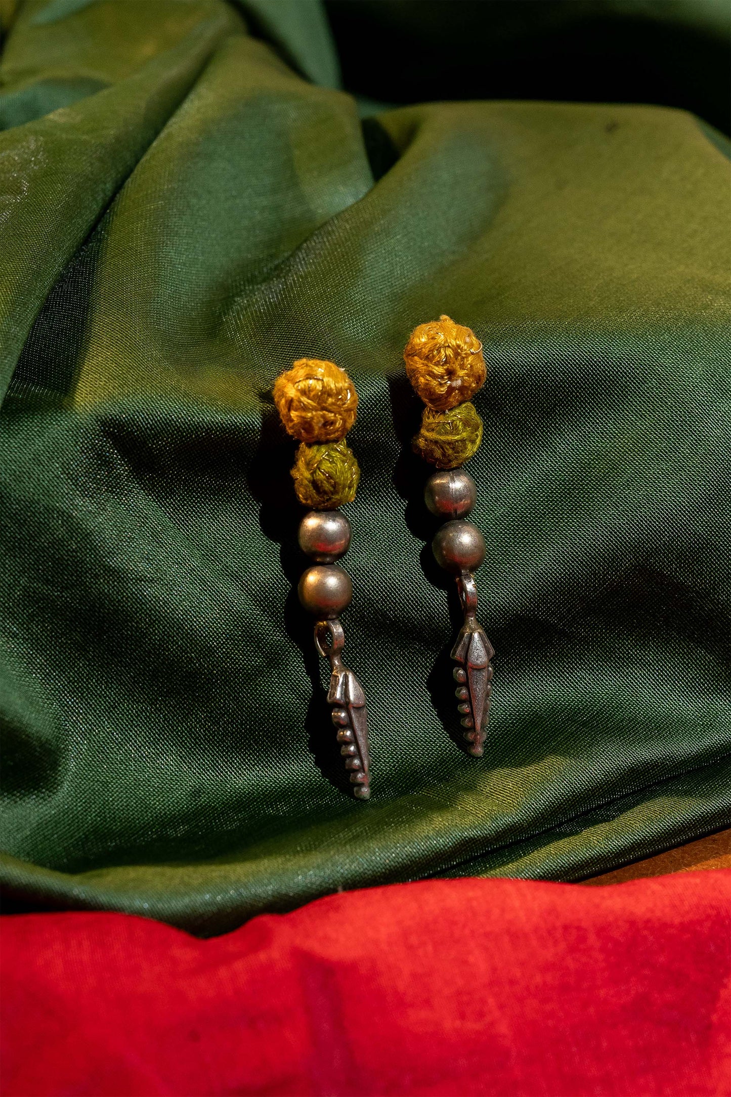 Green Thread Ball and Leaf Drop Earrings