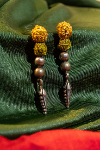 Green Thread Ball and Leaf Drop Earrings
