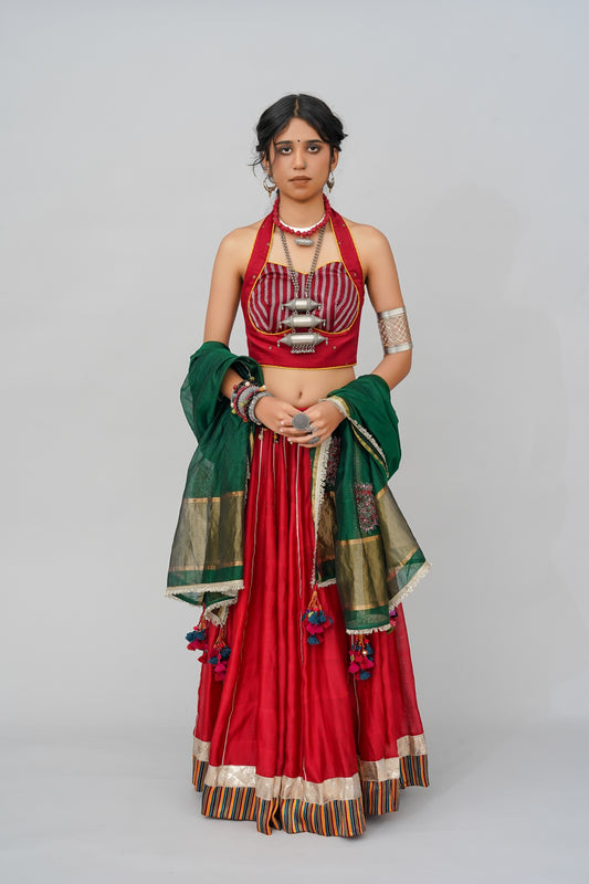 Green Chanderi Handcrafted Block Print Dupatta With Tassels