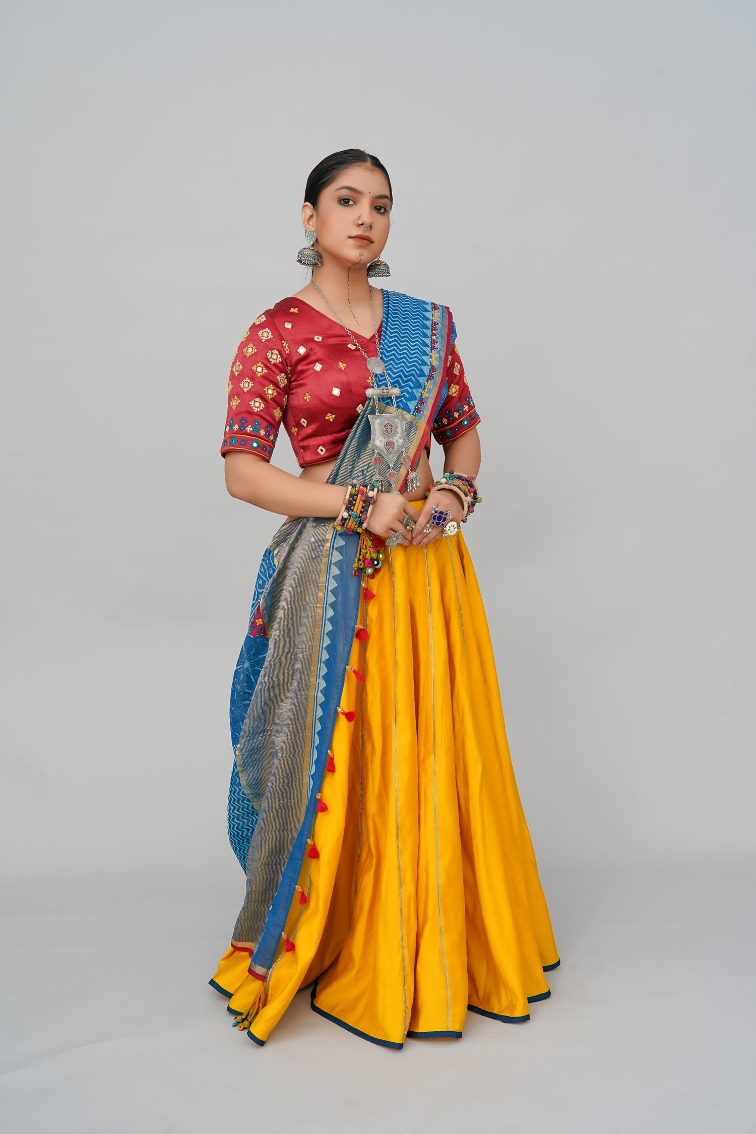 Classic Red Mashru Silk Blouse With Mirror Work & Hand-Embroidered Sleeves