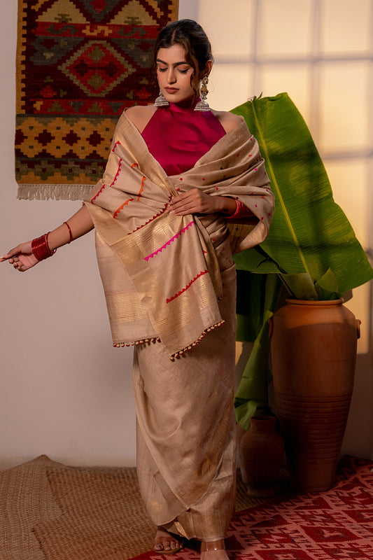 Luxury Ivory Tussar Silk Saree With Delicate Aari & Appliqué Work