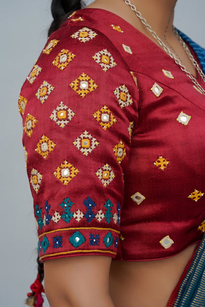 Classic Red Mashru Silk Blouse With Mirror Work & Hand-Embroidered Sleeves