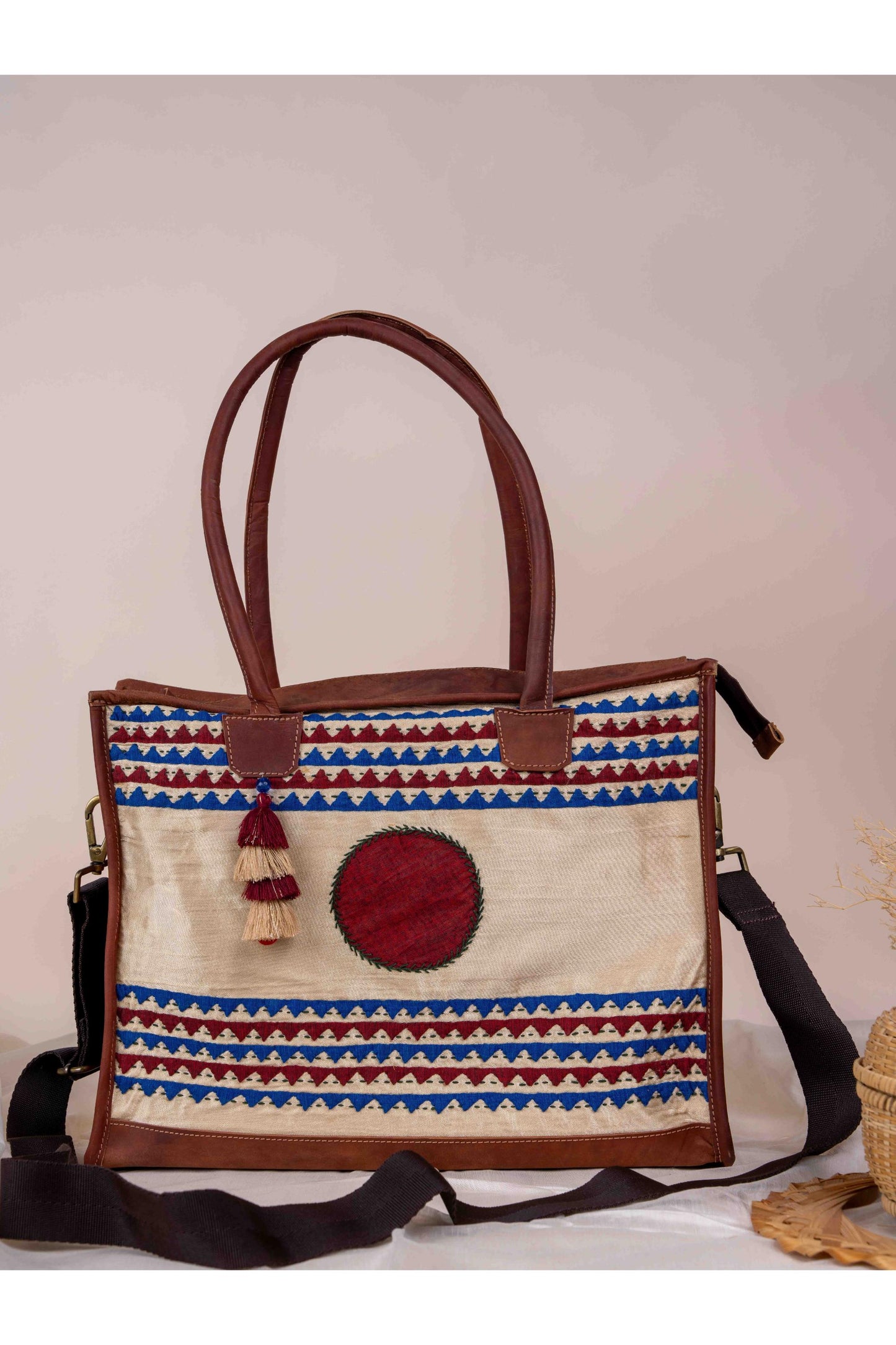 Beige Applique Tote Bag