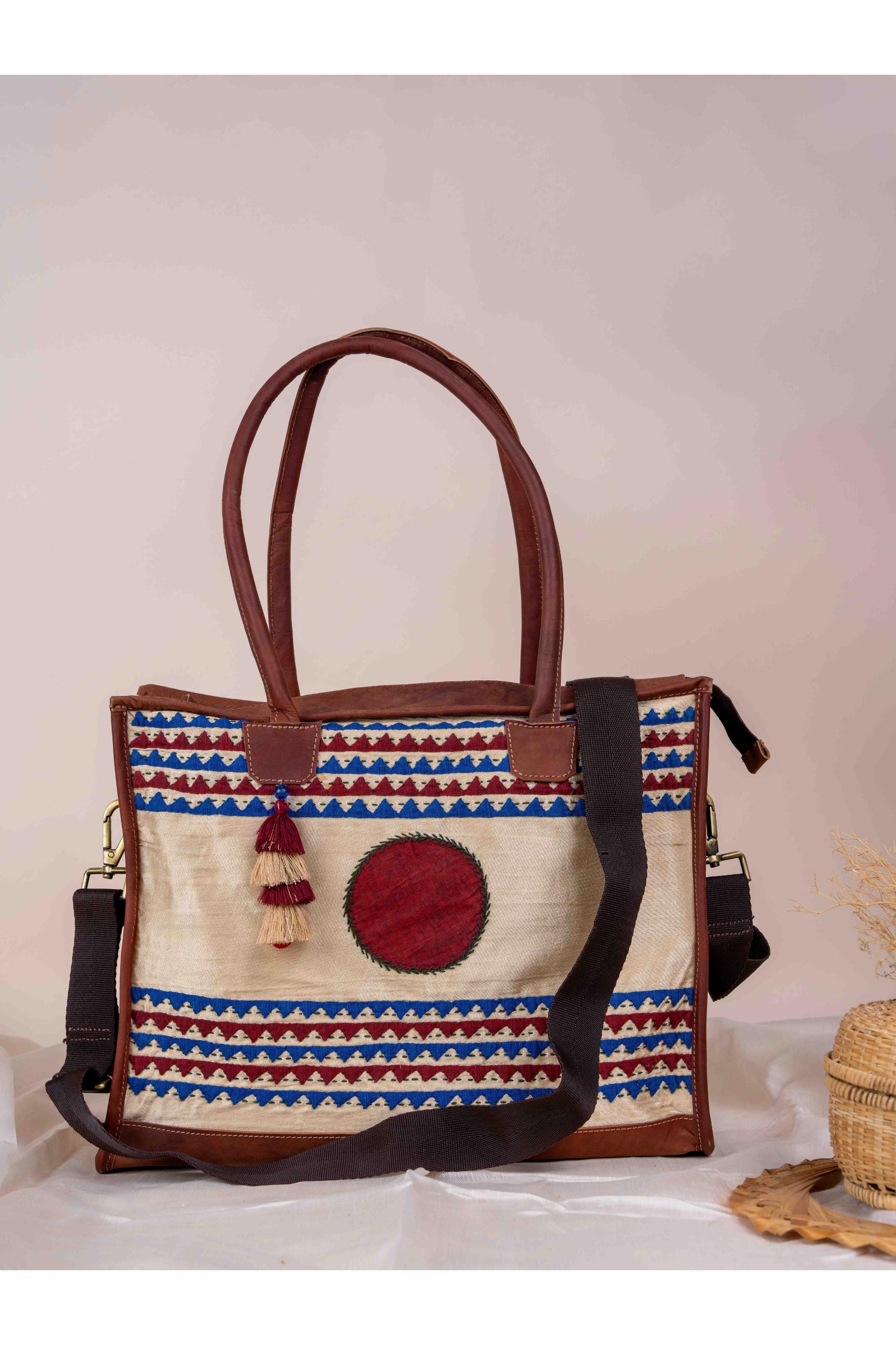 Beige Applique Tote Bag
