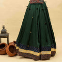 Green Modal Chaniya with Ajrakh Block Print Border & Tassels | 8 Metre