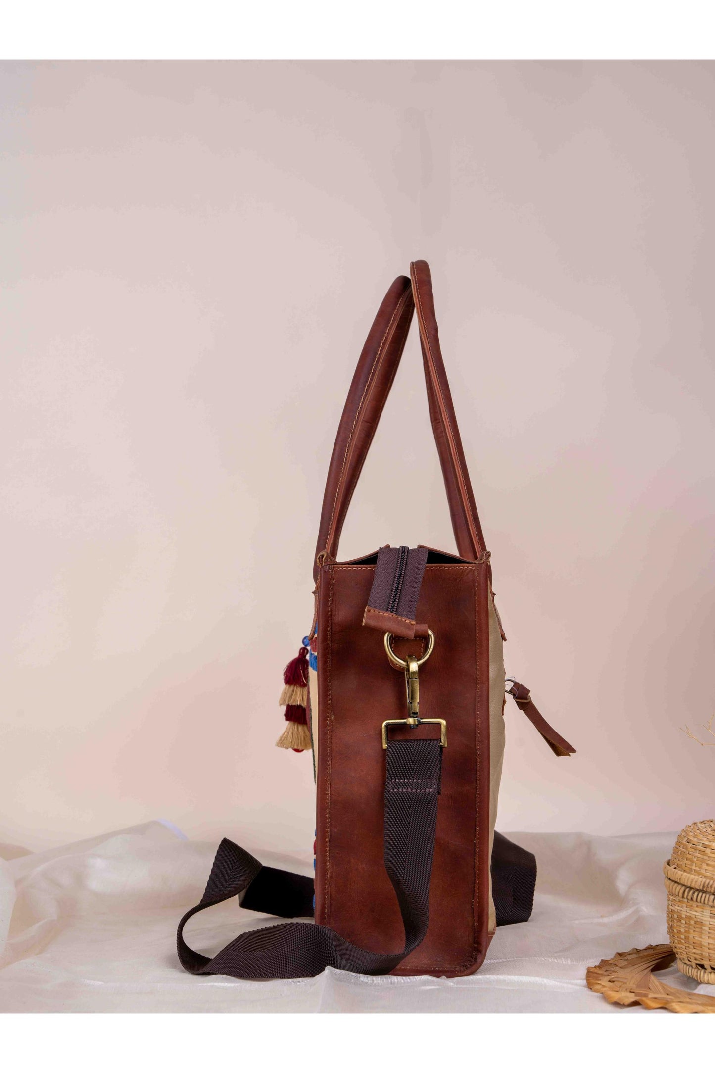 Beige Applique Tote Bag