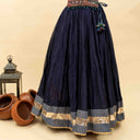 Midnight Blue Chanderi Chaniya with Ajrakh Lumpi & Print Border | 8 Metre