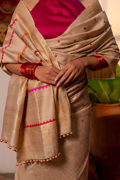 Luxury Ivory Tussar Silk Saree With Delicate Aari & Appliqué Work