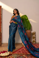 Handcrafted Blue Tussar Silk Saree – Artisanal Appliqué Elegance
