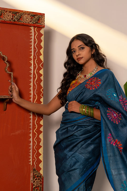 Handcrafted Blue Tussar Silk Saree – Artisanal Appliqué Elegance