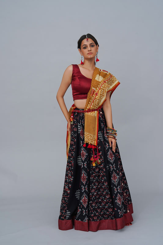 Classic Red Cotton Lehenga With Hand Block Print, Mirror Work & Hand Embroidery – Navratri Collection
