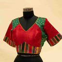 Red & Green Mashru Blouse with Tikki Work & Blanket Stitch | Craftroots