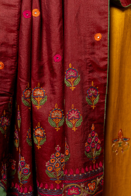 Handwoven Burgundy Dupatta With Exquisite Aari Embroidery