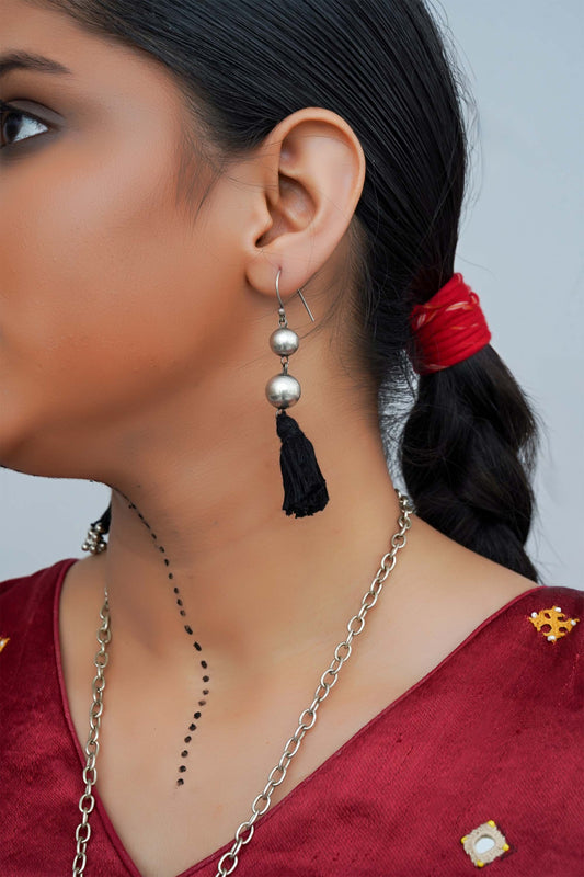 Black Oxidised Ball With Tassels Earring