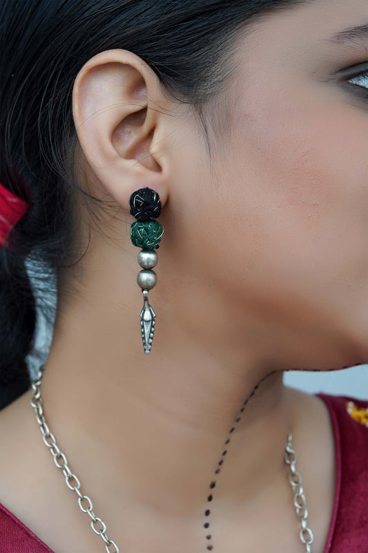 Black Thread Ball and Leaf Drop Earrings