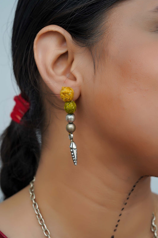 Green Thread Ball and Leaf Drop Earrings
